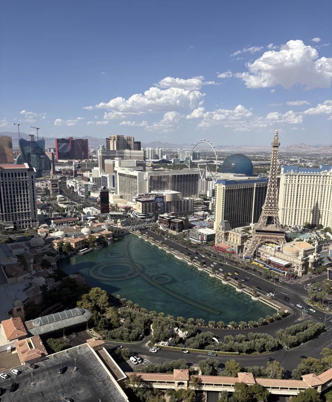 Aerial view of the Las Vegas Strip from The Cosmopolitan, showing the Bellagio fountains, Paris Las Vegas and the Eiffel Tower