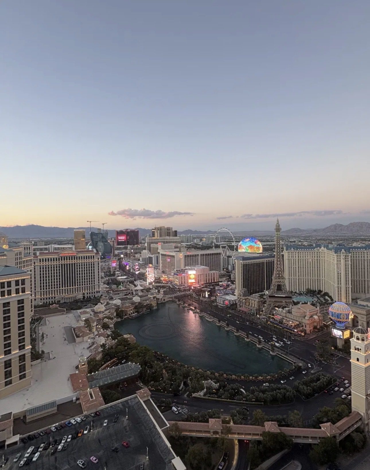 The Bellagio fountains at dusk, as seen from the 49th floor of the Chelsea Tower at the Cosmopolitan Las Vegas