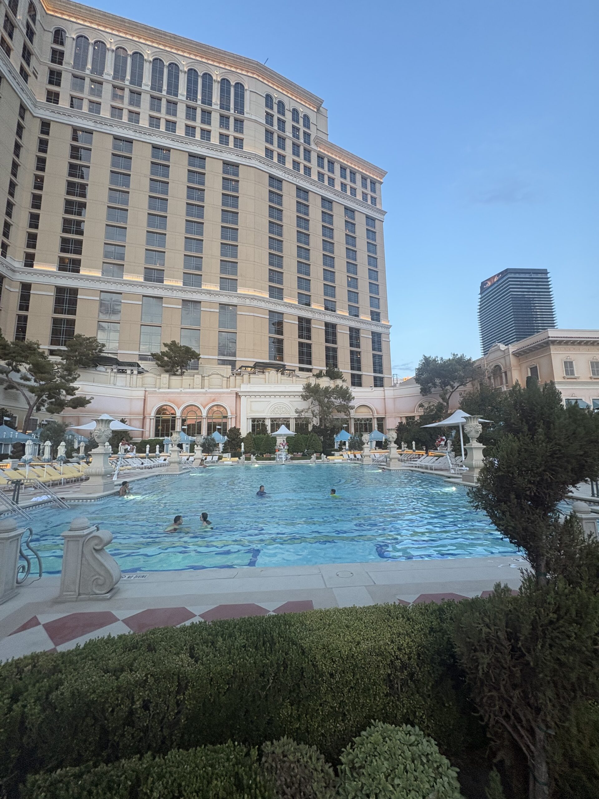 Bellagio pool in early evening with the hotel tower rising behind it