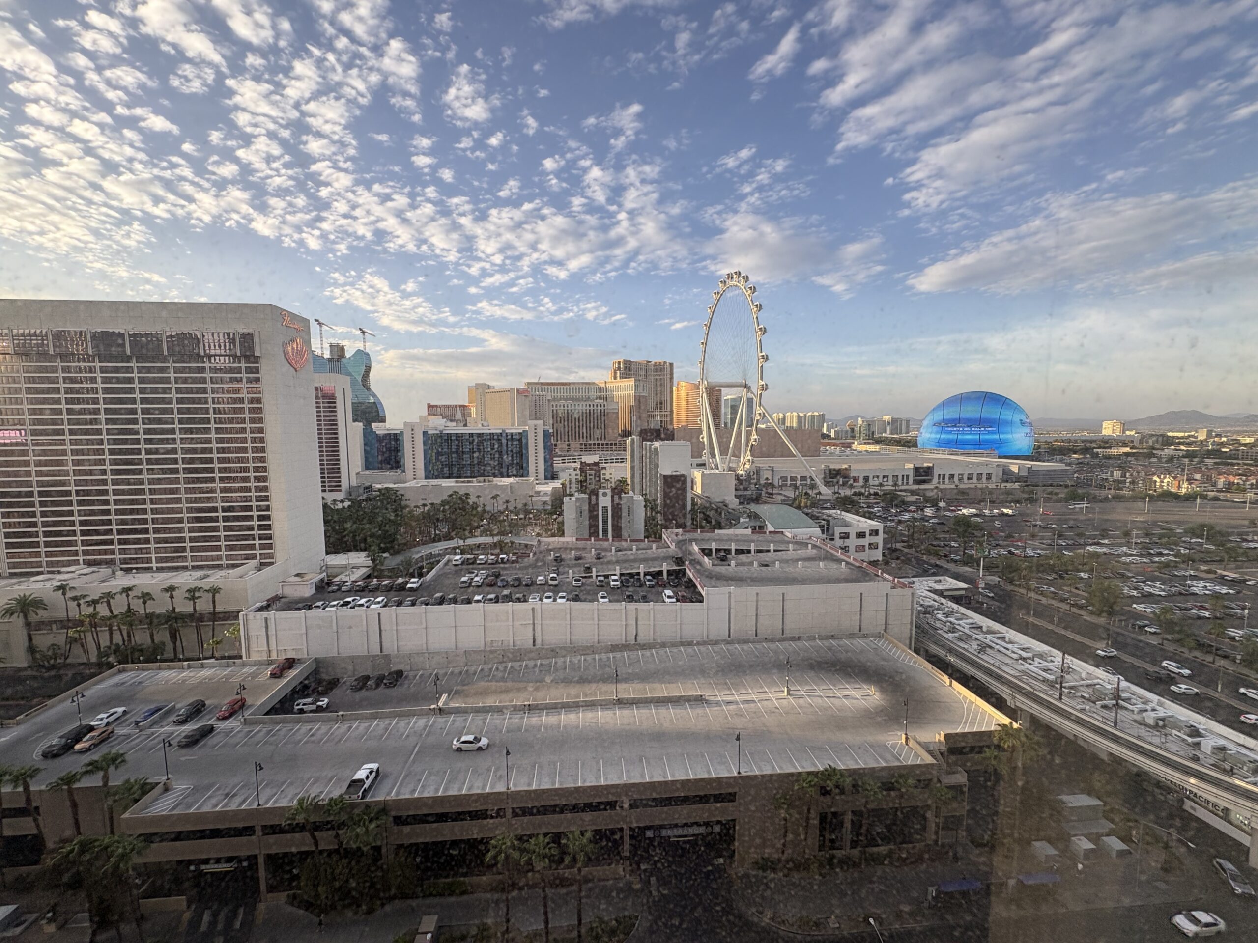 View of the High Roller Ferris wheel and the Sphere from a Horseshoe Las Vegas guest room