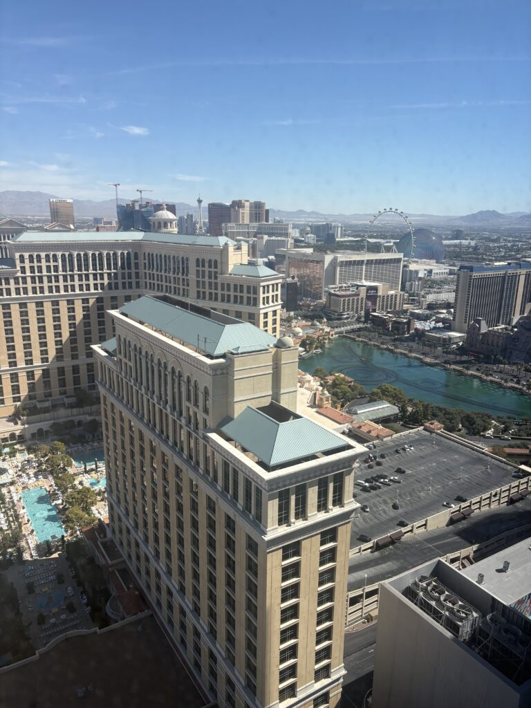 View of Bellagio hotel, fountains, and Las Vegas Strip skyline from Vdara room