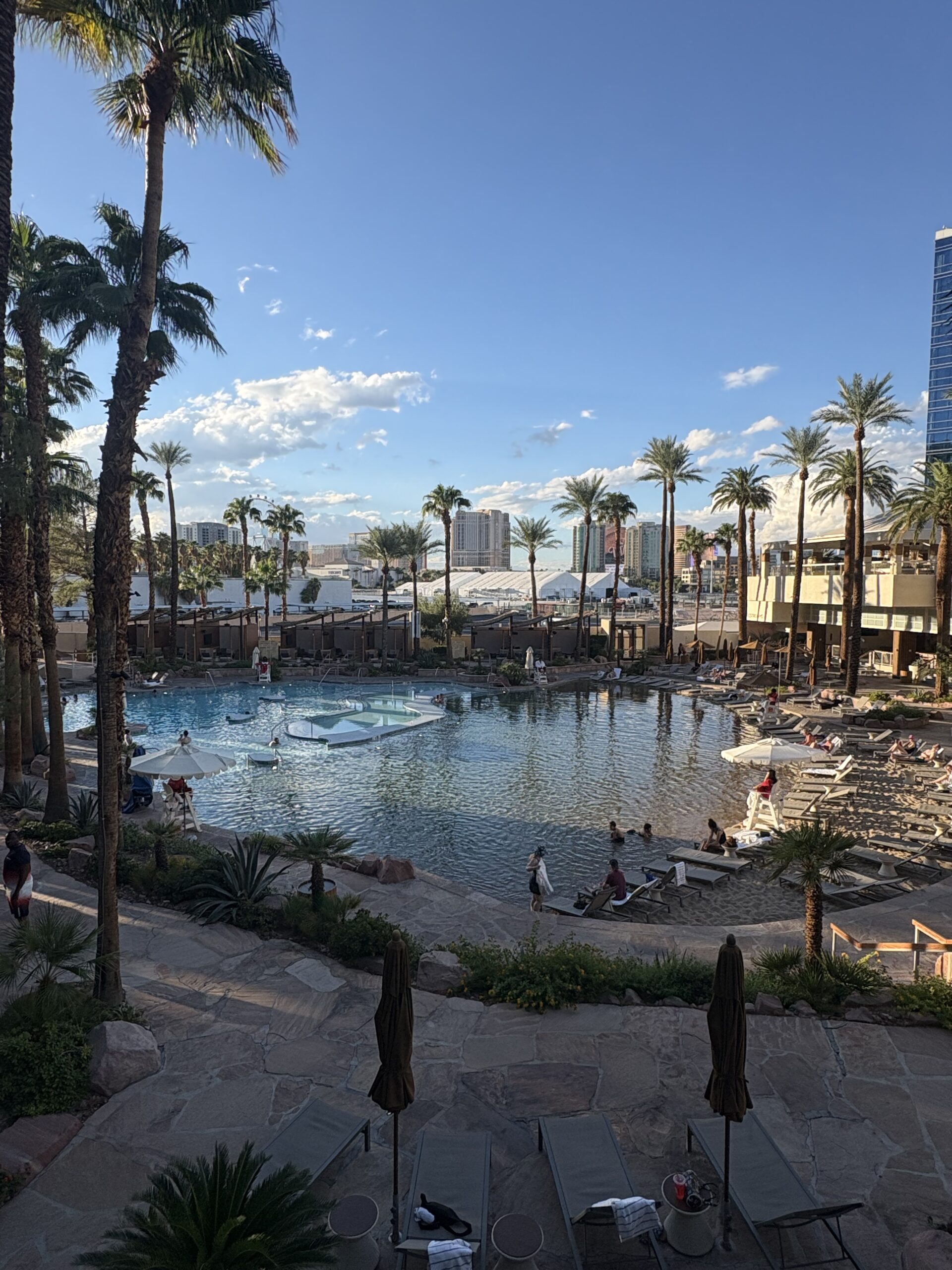 All-ages main pool at Virgin Hotels Las Vegas surrounded by palm trees