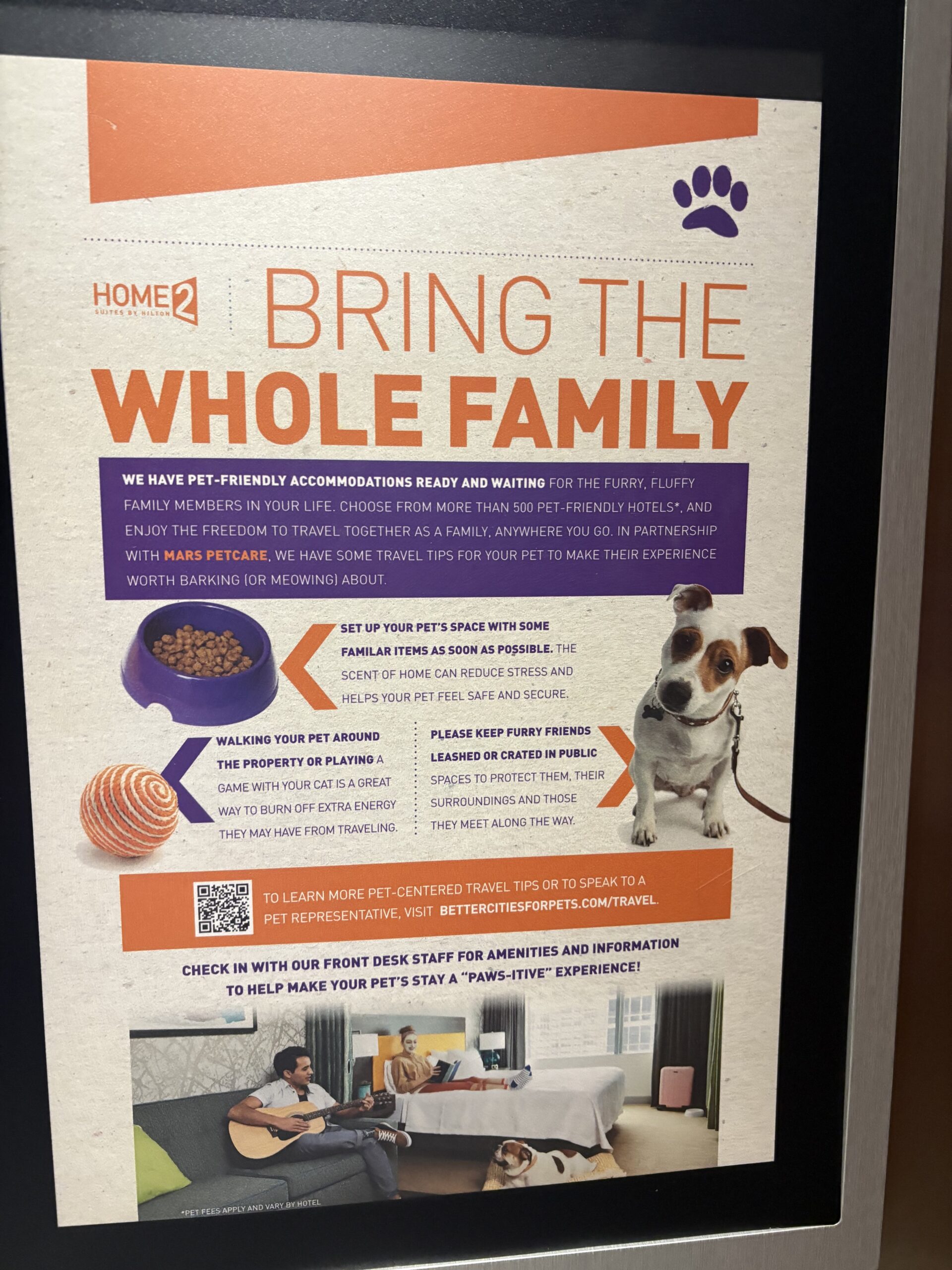 Pet-friendly travel tips signage in Home2 Suites Las Vegas Stadium District lobby