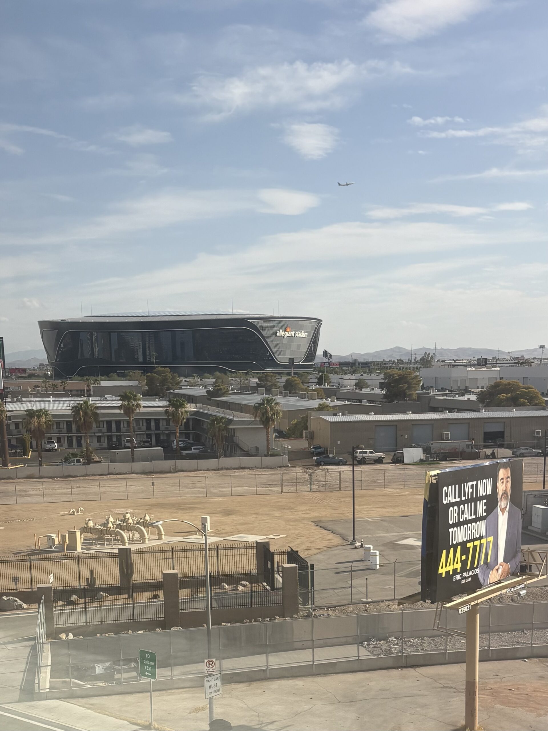 Allegiant Stadium seen from Home2 Suites Las Vegas Stadium District parking lot