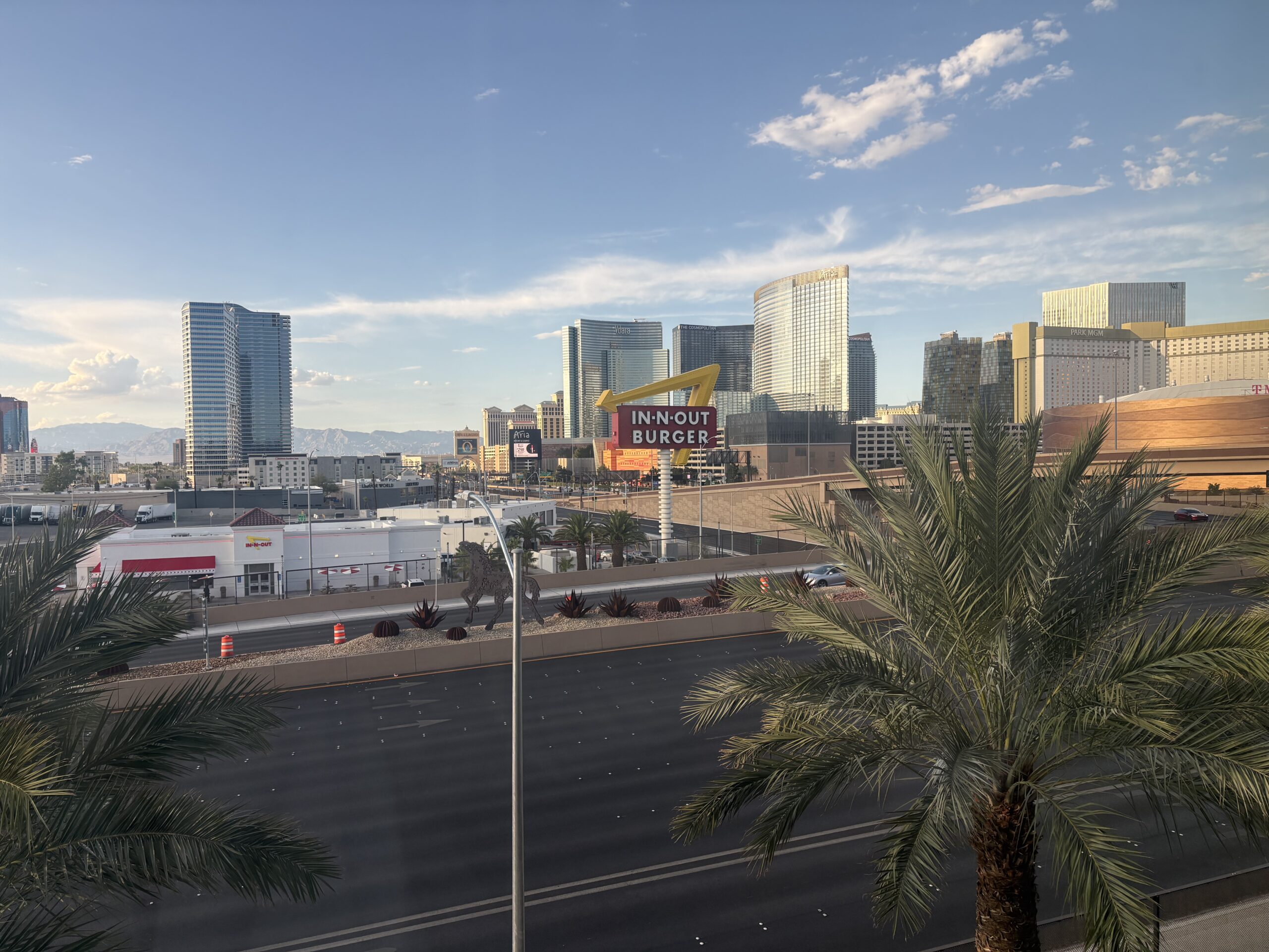 Las Vegas Strip skyline and In-N-Out sign viewed from a TownePlace Suites room near Allegiant Stadium