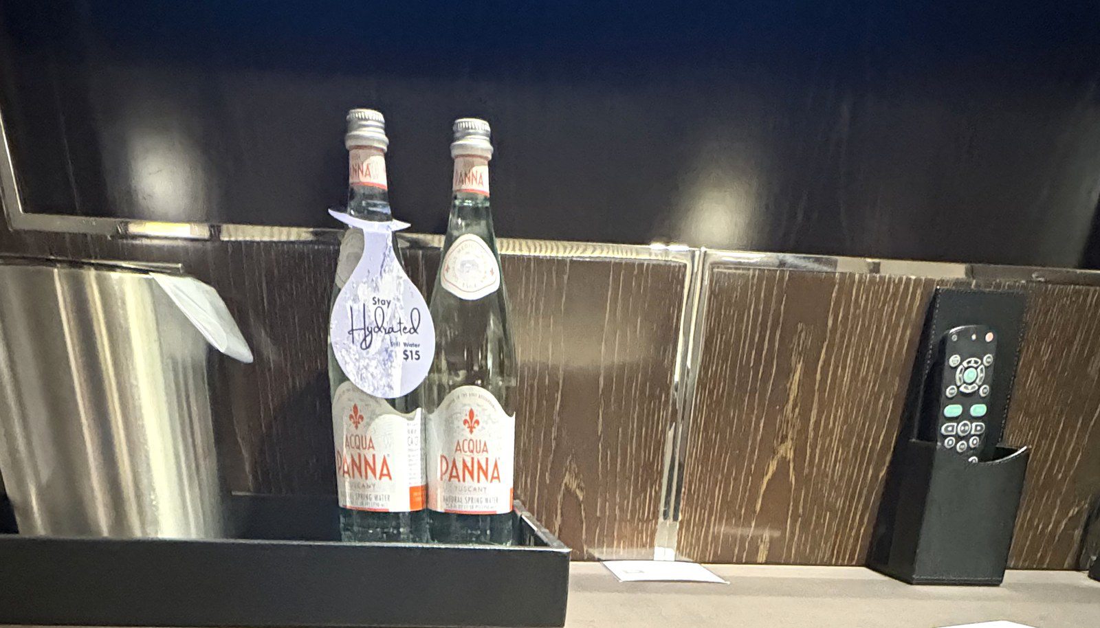Bottle of water waiting in the room at Waldorf Astoria Las Vegas