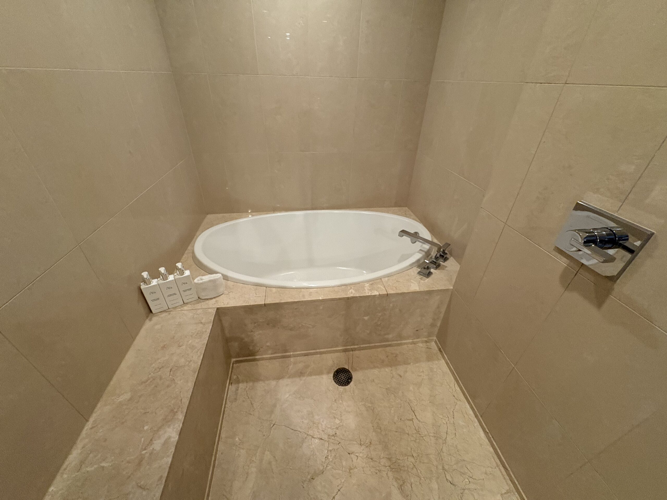 Soaking tub inside Aria's glass-enclosed marble wet room