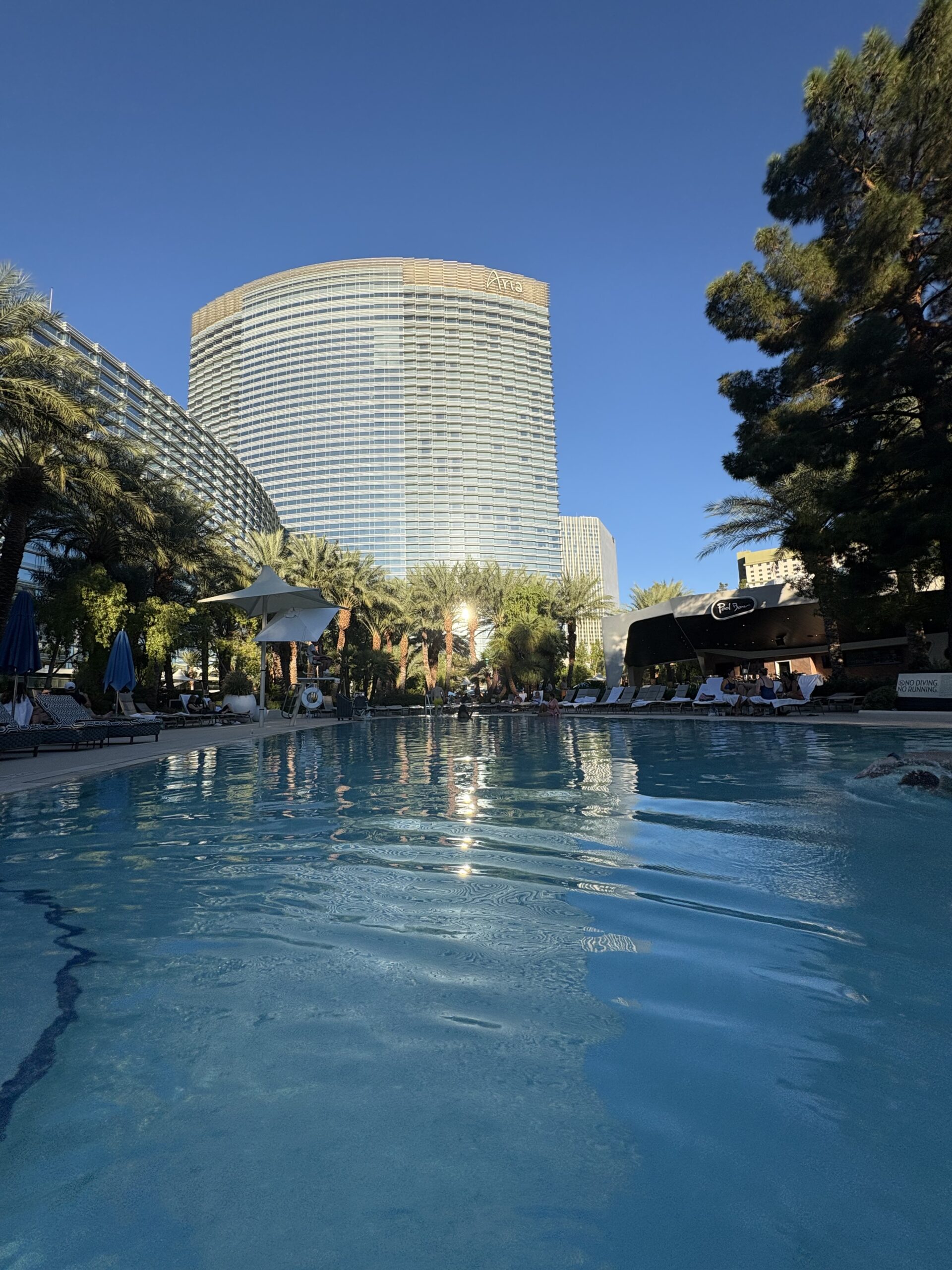 Aria Las Vegas main pool with the hotel tower and Pool Bar