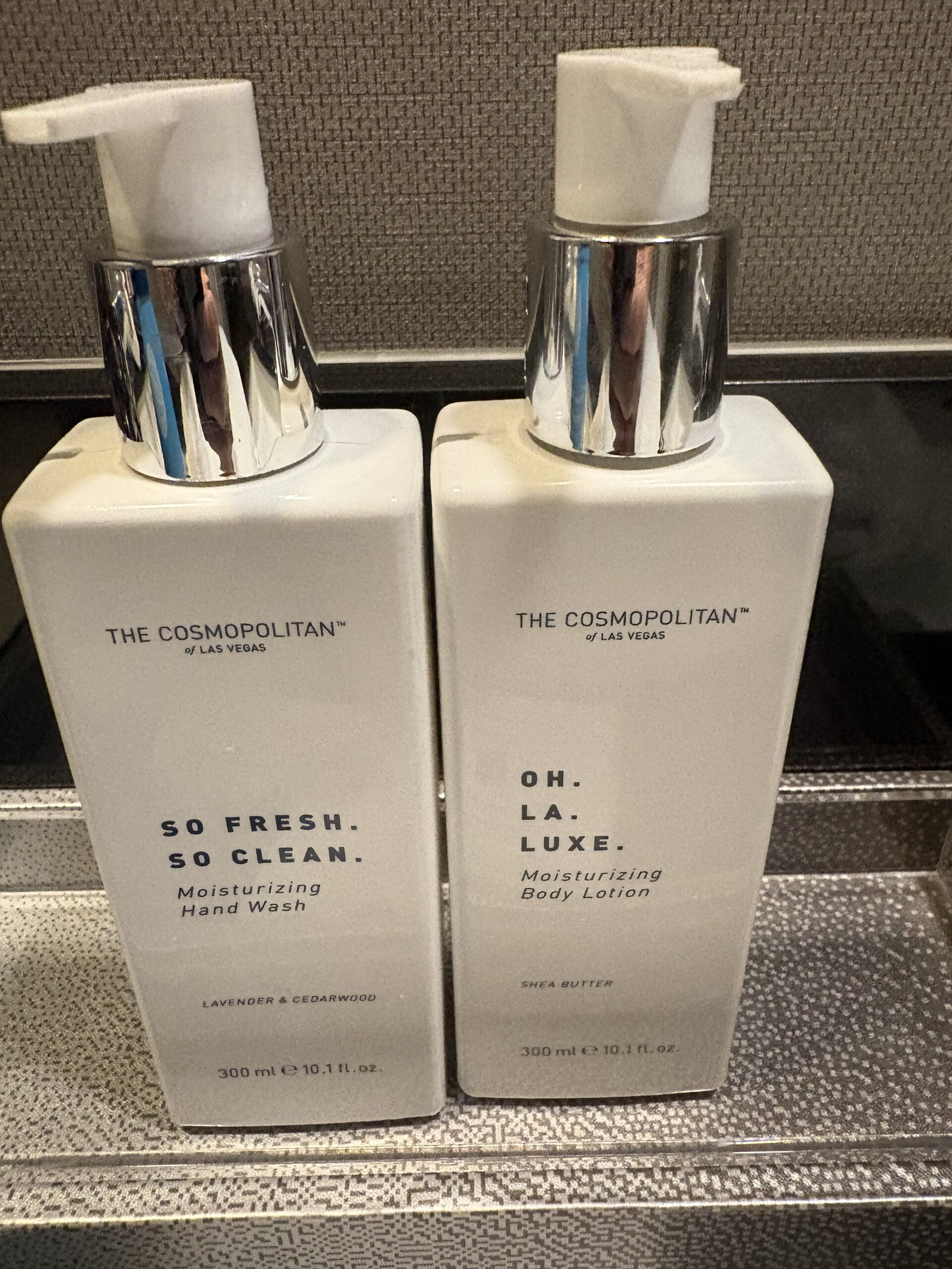 Cosmopolitan Las Vegas branded hand wash and body lotion bottles in the bathroom