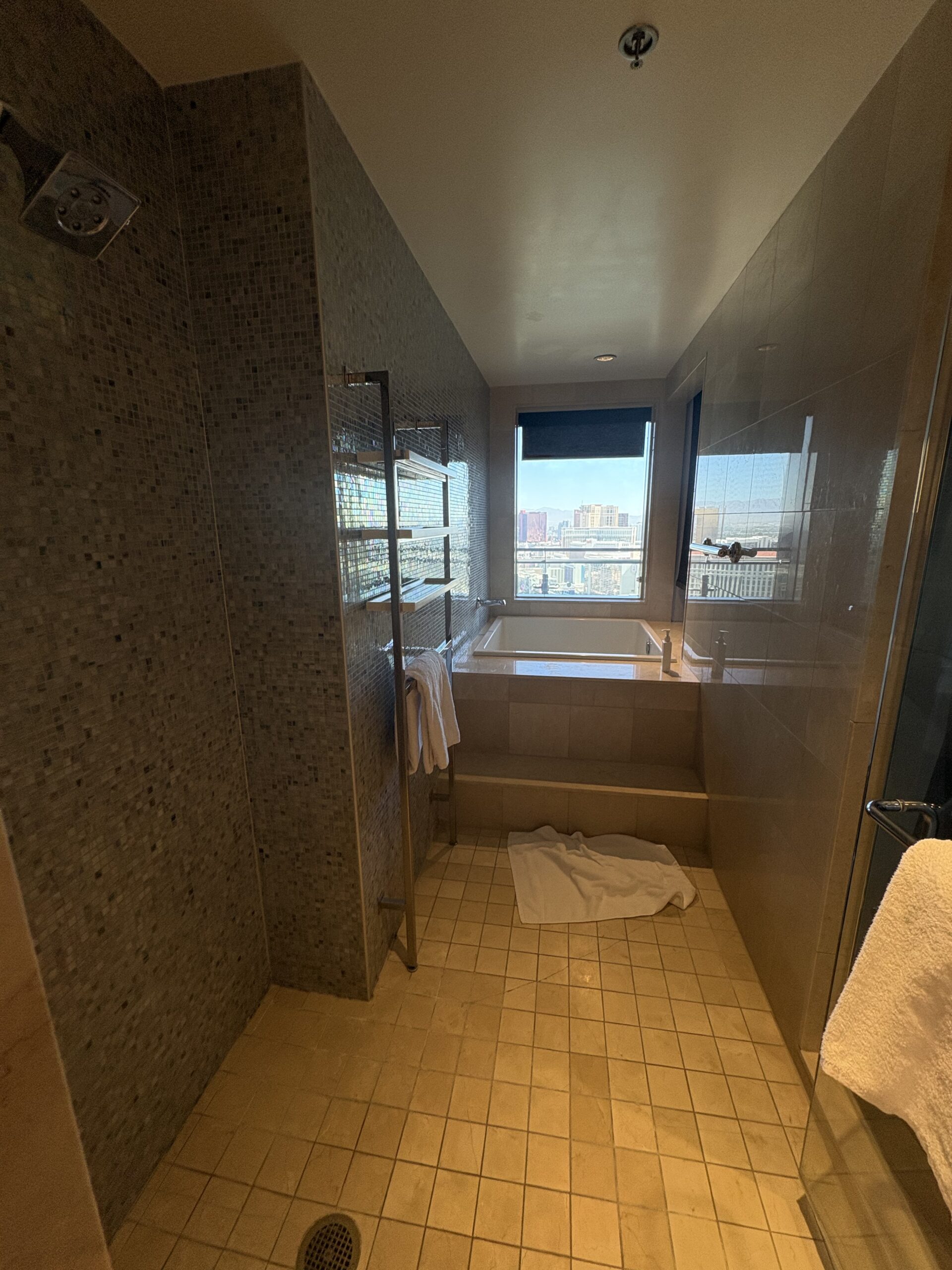 Cosmopolitan Las Vegas bathroom with a mosaic-tiled shower leading to a soaking tub and Strip-view window